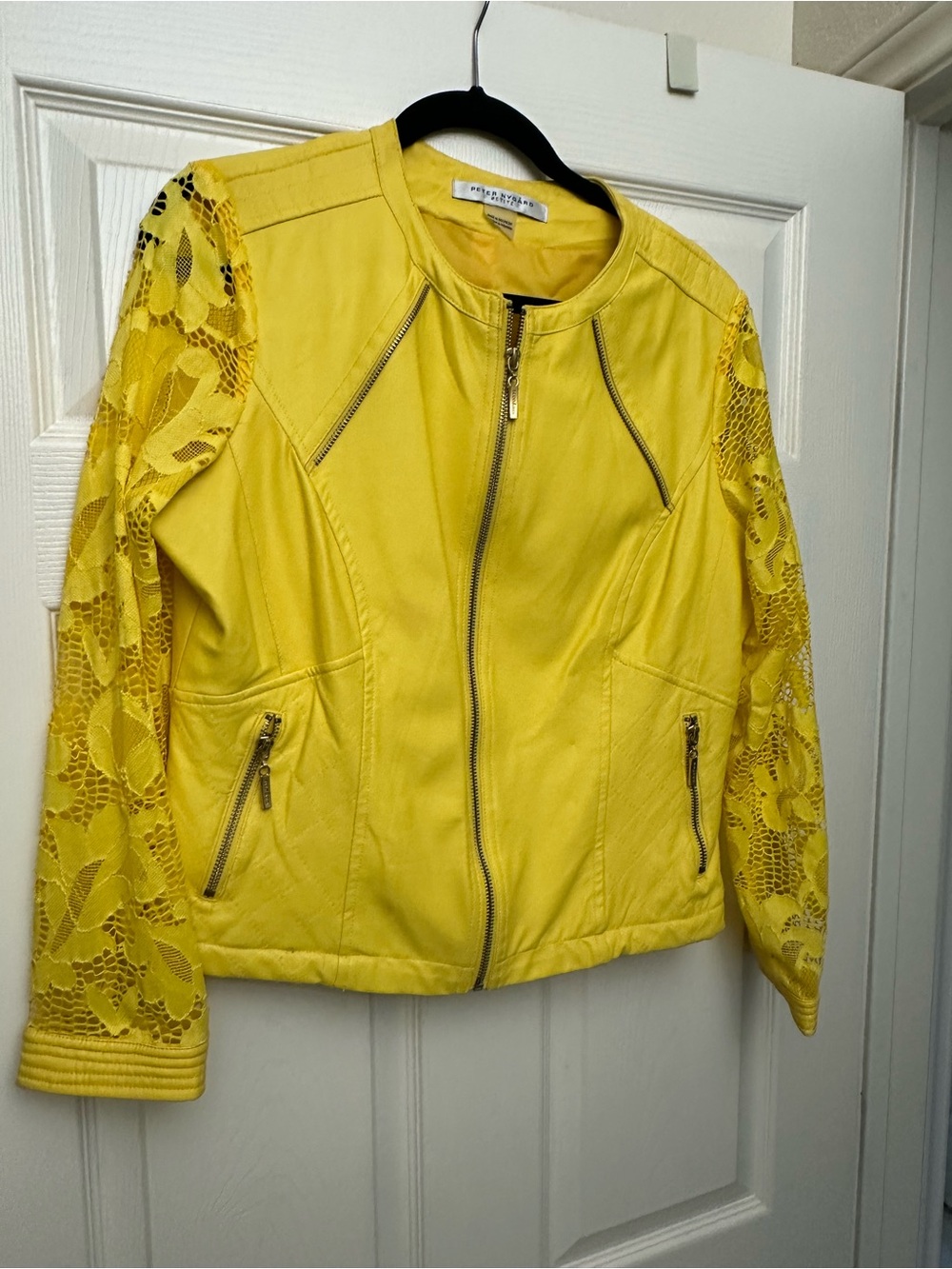 Peter Nygard Bright Yellow Lace-Sleeve Moto Jacket